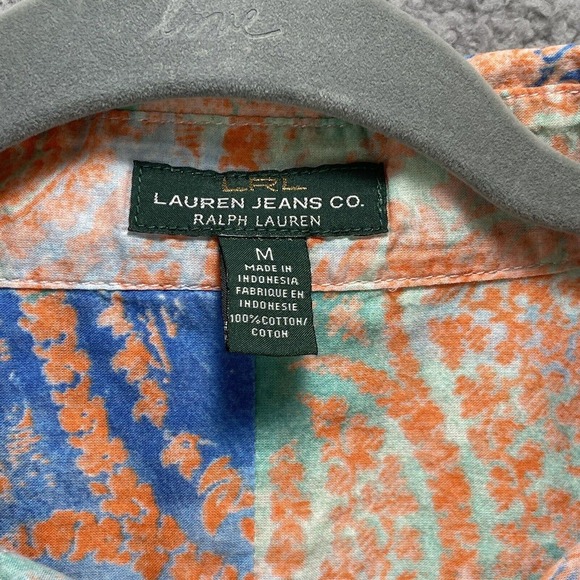 LRL Lauren Jeans Paisley Blouse Medium Boho Colorful Button Up Roll tab Sleeve - Picture 5 of 10